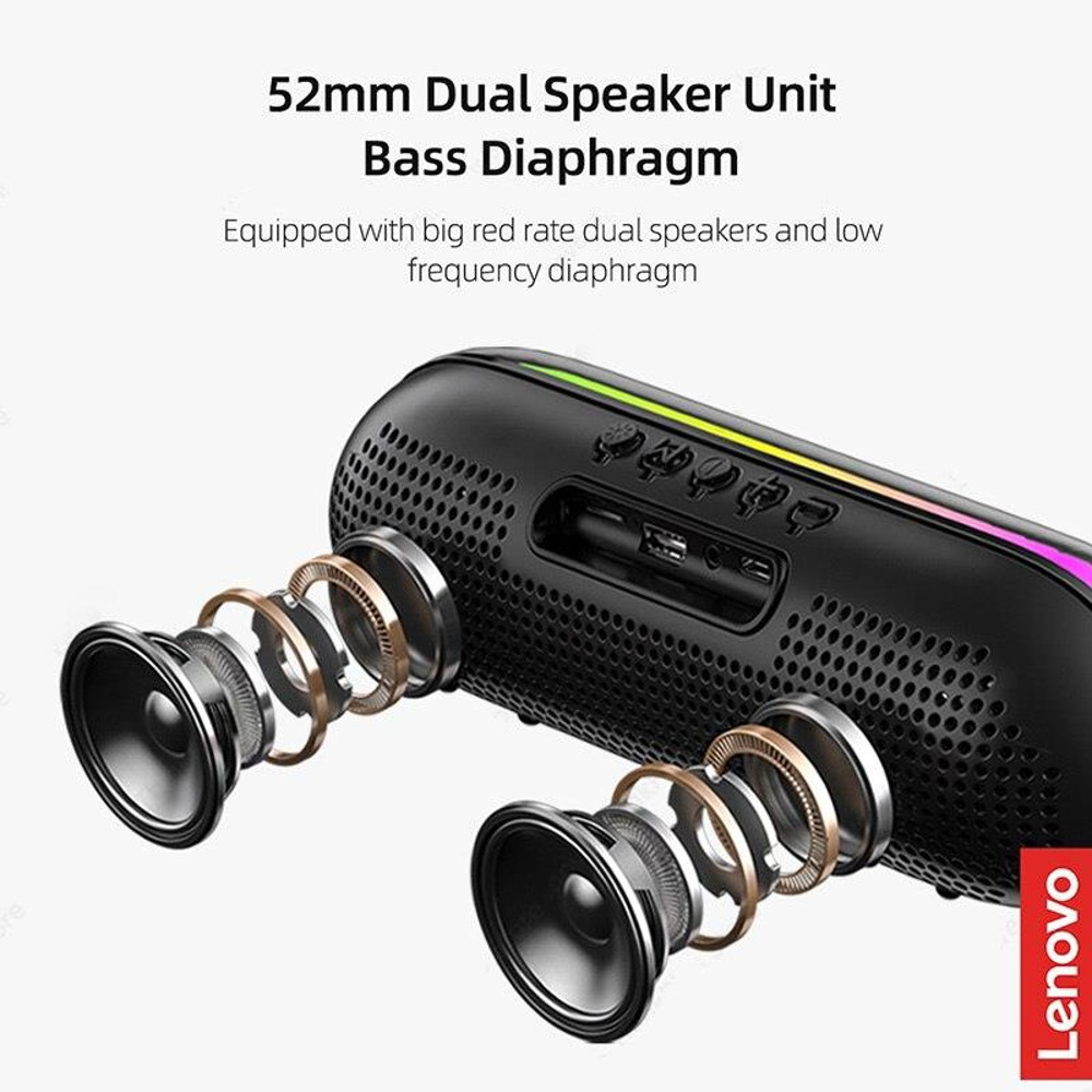 52mm çift hoparlörlü ve bas diyaframlı bir Lenovo hoparlör gösteriliyor. Hoparlör, renkli ışıklarla siyah renktedir.