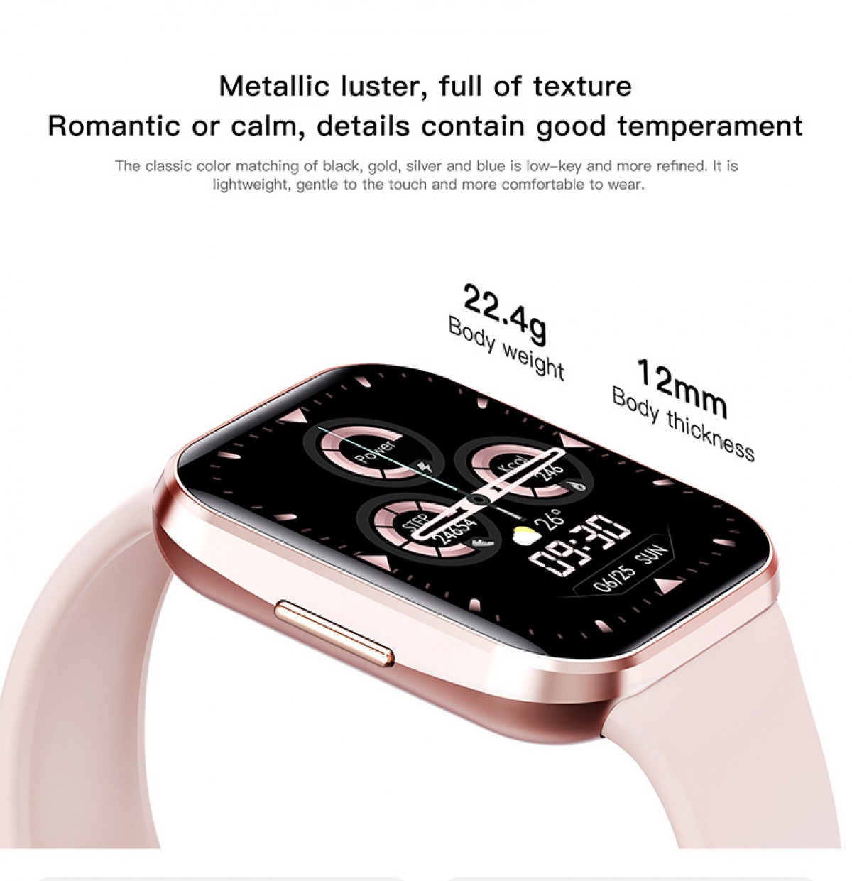 Eine roségoldene Smartwatch zeigt Zeit und Statistiken an. Sie hat ein rosa Armband und einen schwarzen Bildschirm. Text erwähnt Gewicht und Dicke.