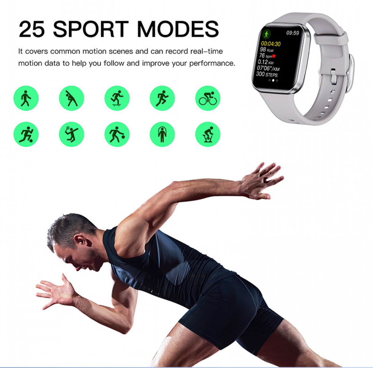 Ein Mann rennt, eine Smartwatch zeigt Trainingsdaten an, und Symbole für 25 Sportmodi werden angezeigt.