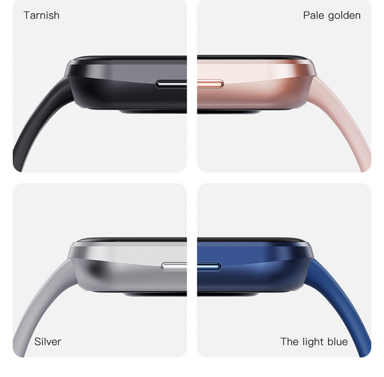 Vier Smartwatches in verschiedenen Farben: getönt, blassgold, silber und hellblau, die jeweils das Zifferblatt und das Armband zeigen.