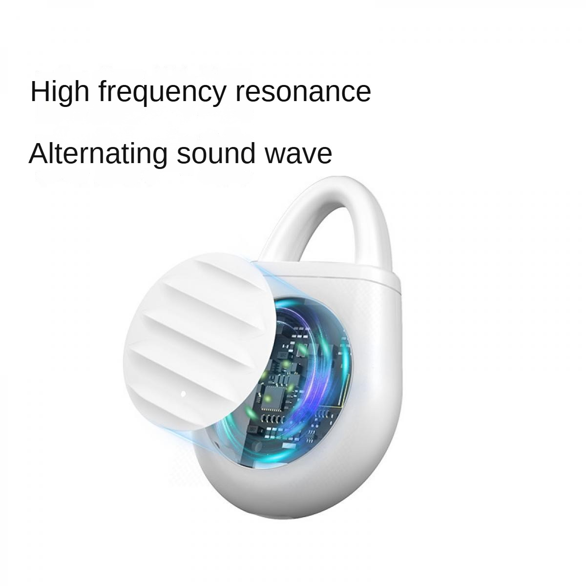 Ein weißer, futuristischer Ohrhörer. Seine inneren Komponenten sind sichtbar. Der Text lautet: Hochfrequenzresonanz, Wechselnde Schallwelle.