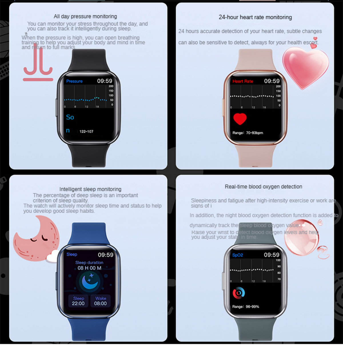 Smartwatch zeigt Druck, Herzfrequenz, Schlaf und Blutsauerstoffwerte an. Jedes mit Grafiken und Daten, in einem Raster.