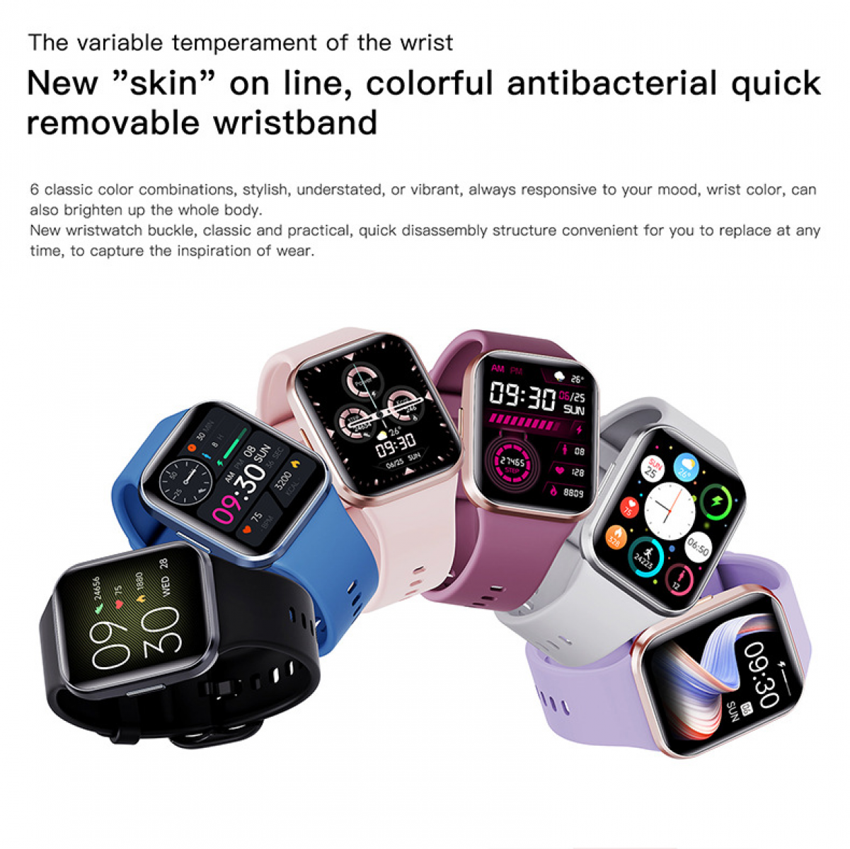 Das Bild zeigt 6 Smartwatches mit verschiedenfarbigen Armbändern. Jede Uhr zeigt Zeit und Gesundheitsdaten an.