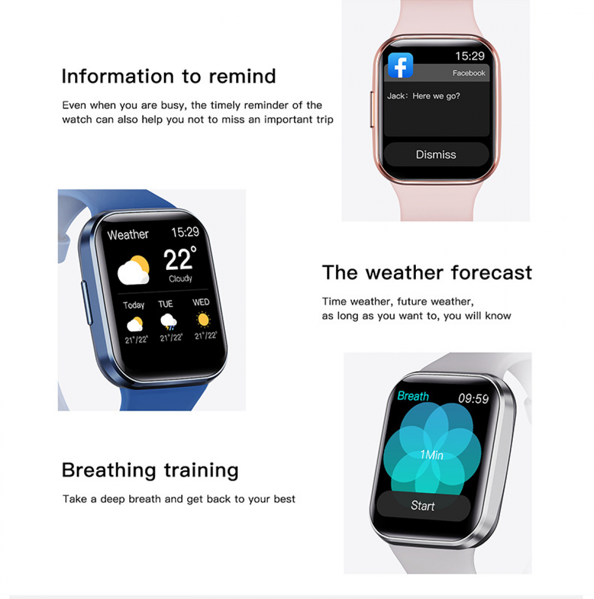 Smartwatch zeigt Wetter, Facebook-Benachrichtigung und Atemübungsoptionen an. Die Uhr hat ein blaues, rosa und weißes Armband.