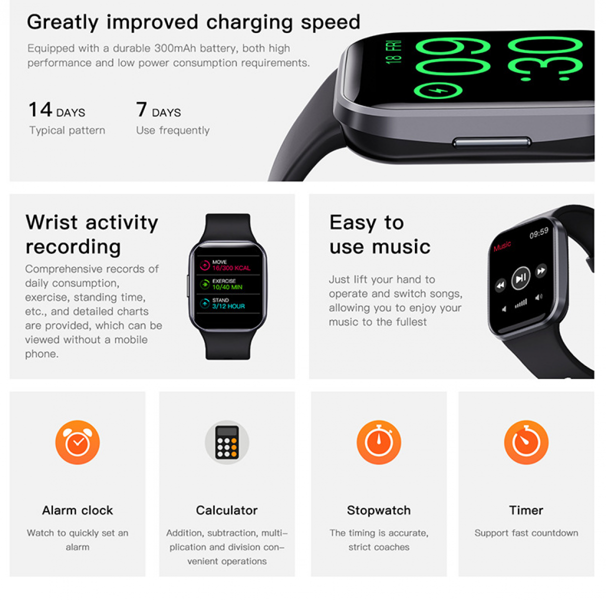 Smartwatch mit Ladeinformationen, Aktivitätsverfolgung, Musiksteuerung und verschiedenen Werkzeugen wie Alarm und Stoppuhr.