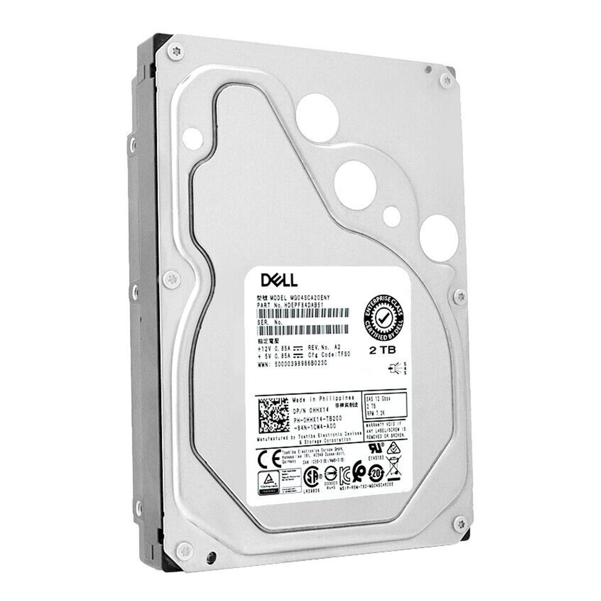 Un disco rigido Dell da 2 TB, alloggiamento argentato, con etichette che mostrano modello, codice articolo e specifiche.