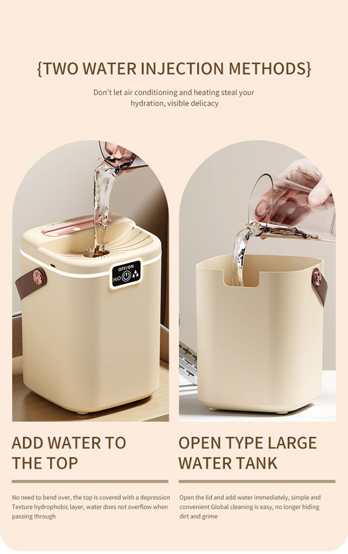 Zwei beige Behälter werden mit Wasser gefüllt. Einer hat einen Deckel, der andere ist offen. Text: Zwei Wassereinspritzmethoden.
