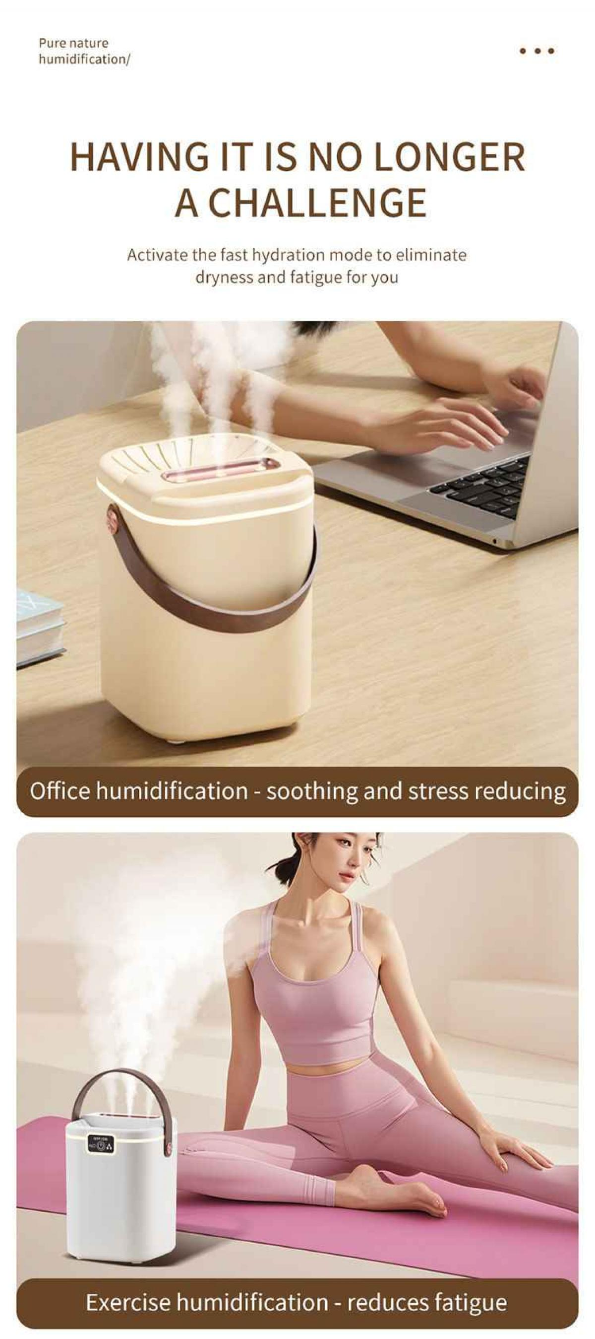 Das Bild zeigt einen Luftbefeuchter mit Dampf, eine Person, die einen Laptop benutzt, und eine andere, die Yoga macht. Text sagt: 'Es ist keine Herausforderung mehr'.