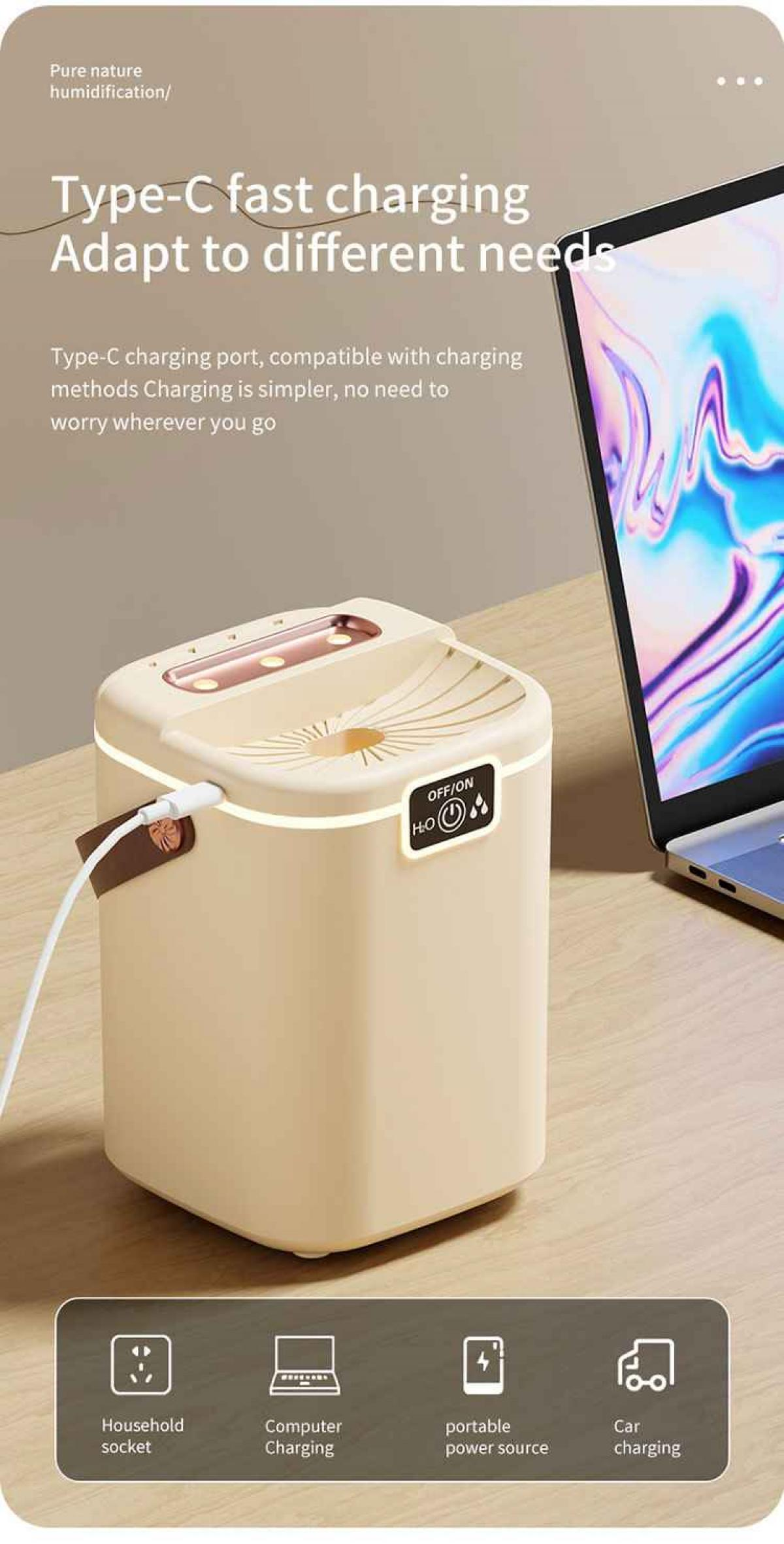 Ein beigefarbener Luftbefeuchter mit Ladekabel, Laptop und Symbolen für Lademethoden.