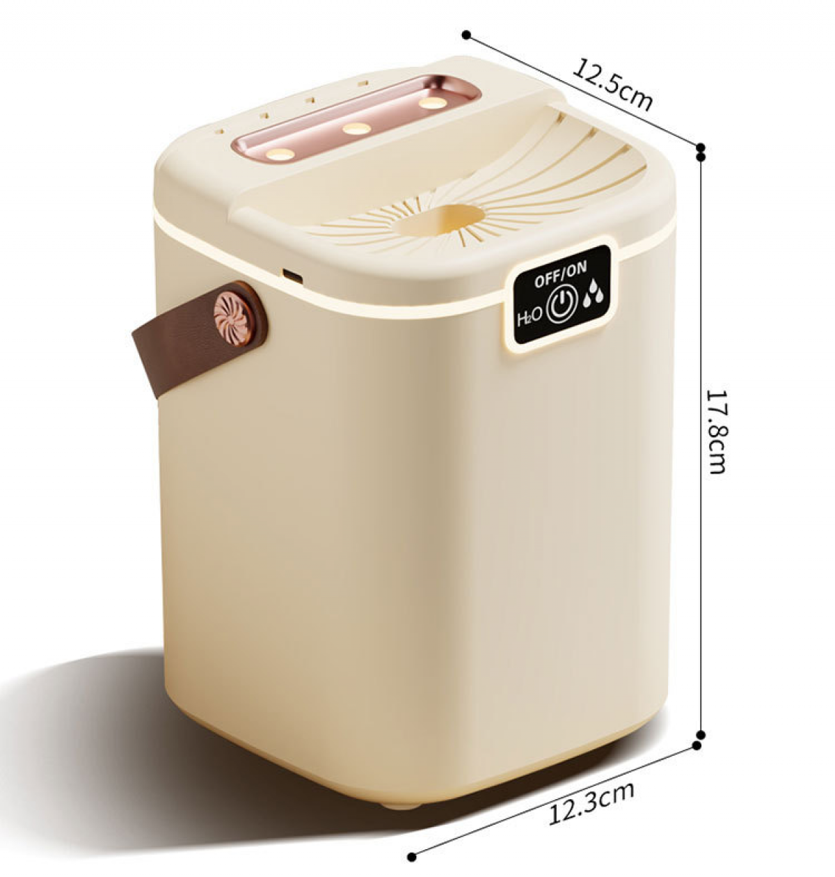 Ein beigefarbener, rechteckiger Luftbefeuchter mit angegebenen Abmessungen. Er hat einen Griff, ein Bedienfeld und eine dekorative Oberseite.