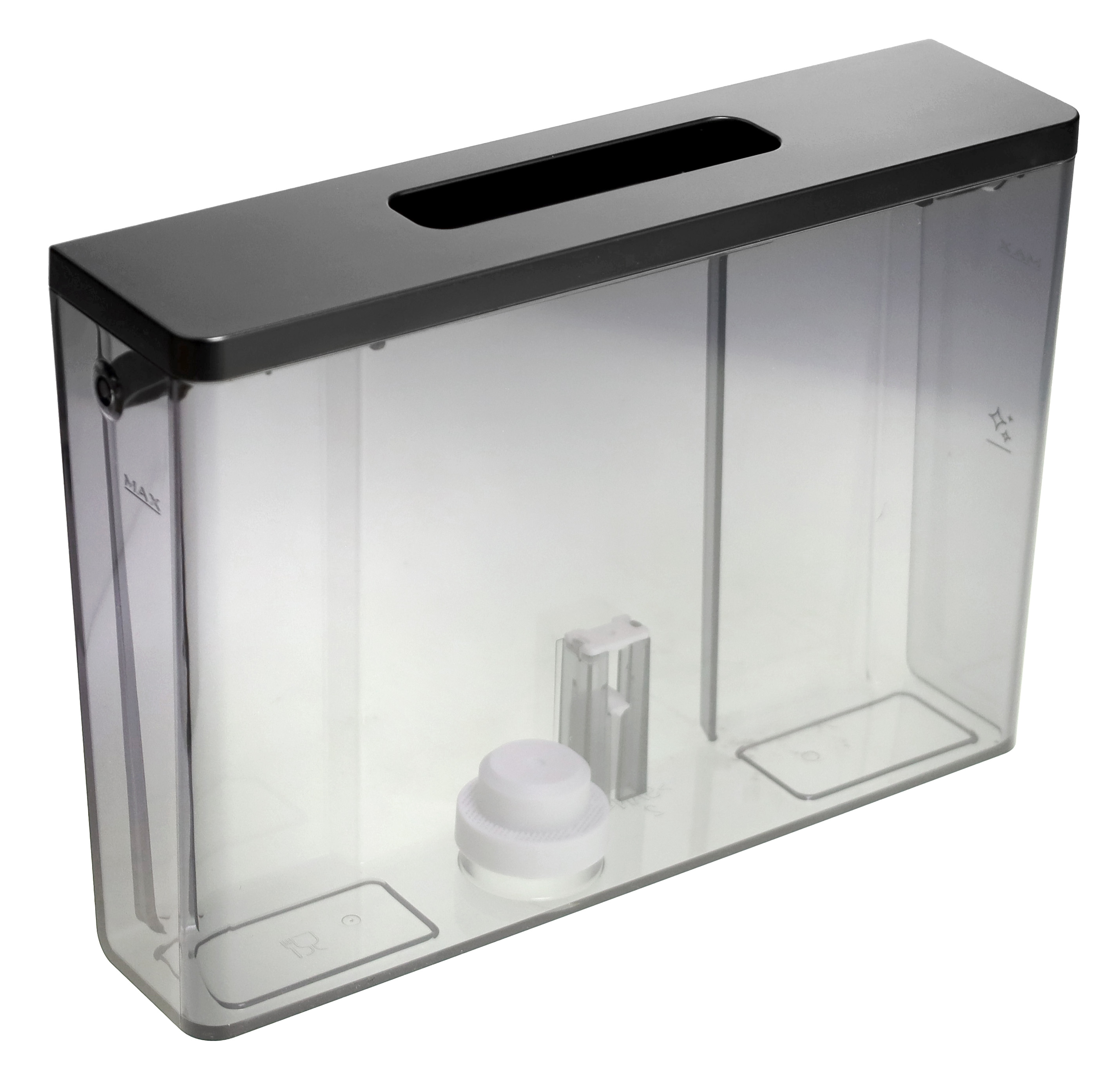 Ein klarer, rechteckiger Wassertank mit schwarzem Deckel. Es hat interne Komponenten und einen weißen Verschluss.