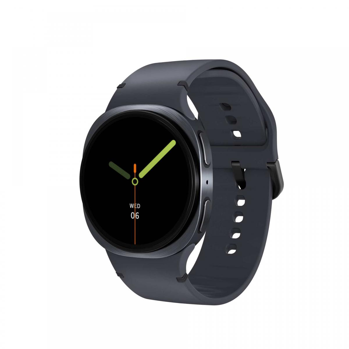 Eine dunkelgraue Smartwatch mit schwarzem Bildschirm, der die Uhrzeit anzeigt. Sie hat ein dunkelgraues Armband.