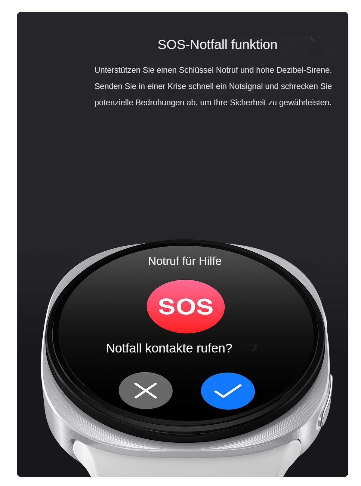 Smartwatch mit SOS-Funktion. Roter SOS-Knopf, Abbrechen- und Bestätigen-Tasten. Text: 'Notfallkontakte rufen?'