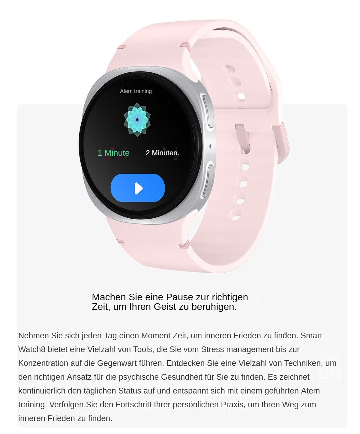 Eine Smartwatch zeigt 'Atemtraining' mit einem floralen Symbol und einer Play-Taste. Die Uhr ist rosa mit einer silbernen Lünette.
