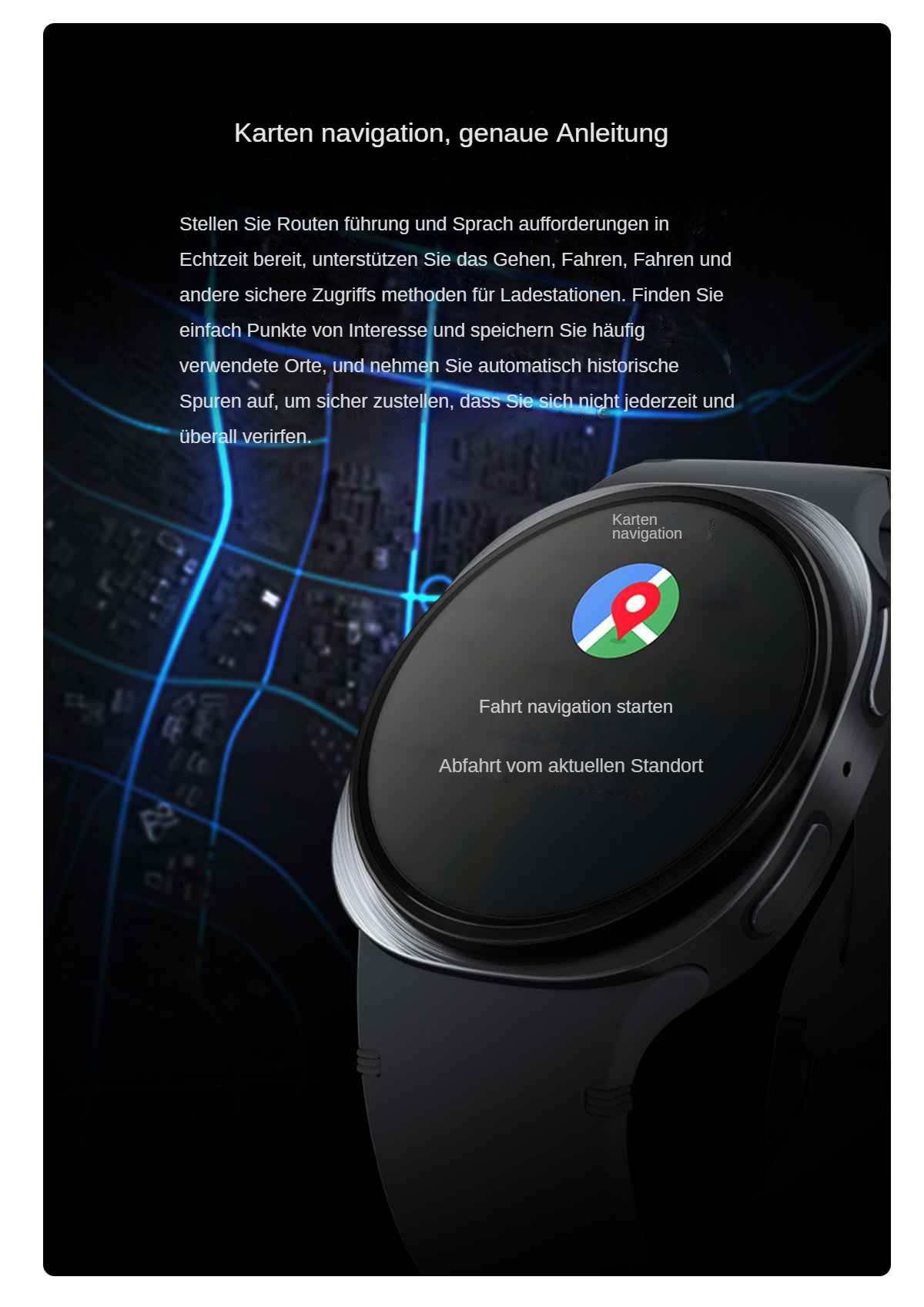 Smartwatch-Bildschirm mit Karten-Navigations-Oberfläche mit Navigation starten und Abfahrtsoptionen.