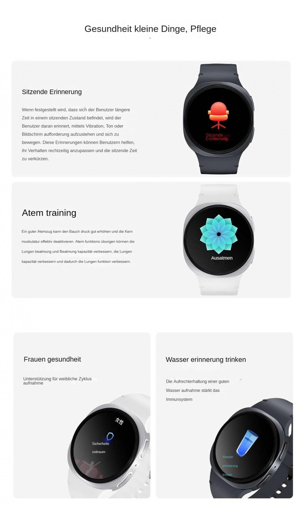 Eine Smartwatch zeigt Gesundheitsfunktionen an. Sie zeigt Erinnerungen für Sitzen, Atemübungen, Frauengesundheit und Wassertrinken.