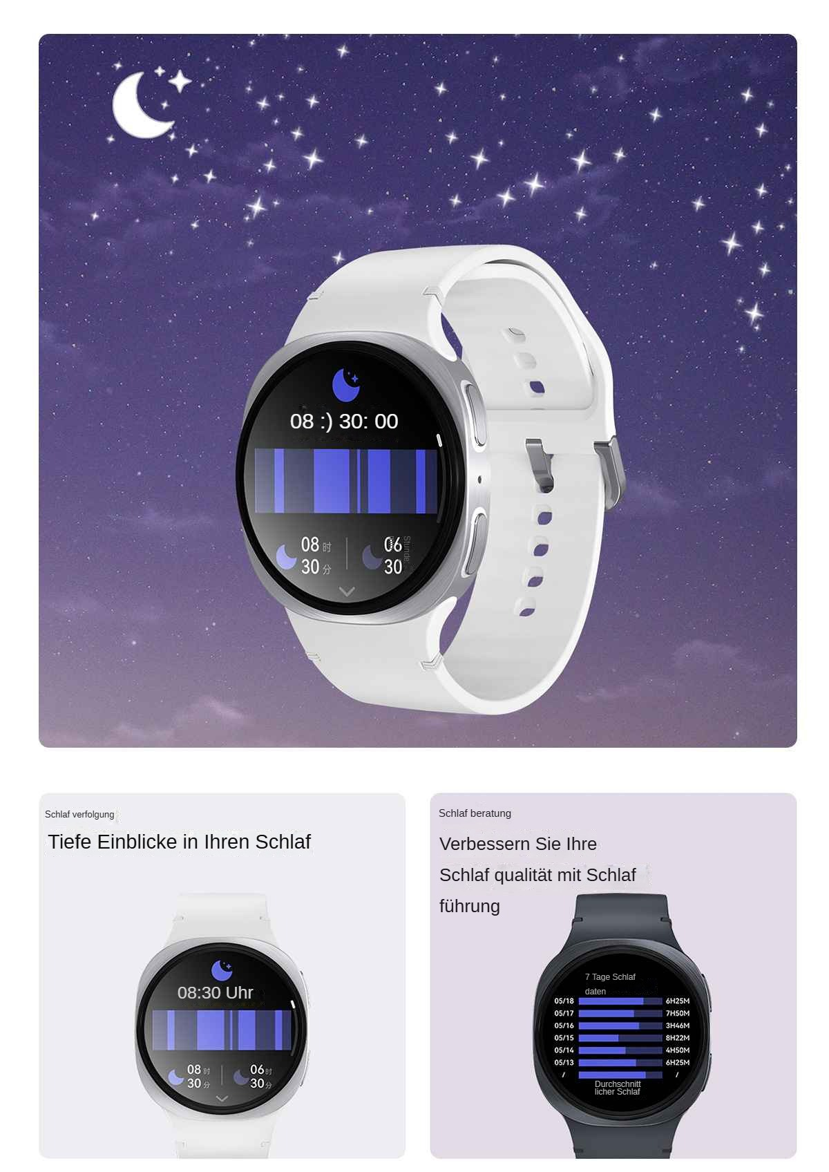 Eine weiße Smartwatch zeigt Schlafdaten vor dem Hintergrund eines Nachthimmels. Zusätzliche Uhren zeigen Schlafanalyse und -anleitung.