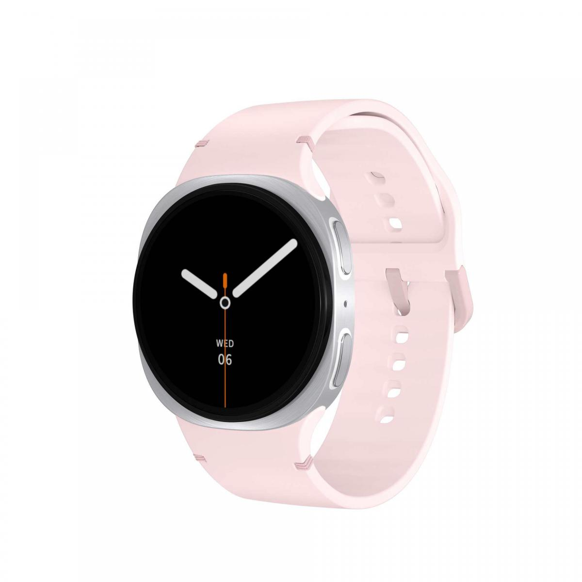 Eine rosa Smartwatch mit schwarzem Bildschirm, der die Uhrzeit anzeigt. Sie hat eine silberne Lünette und ein rosa Armband. Der Hintergrund ist weiß.