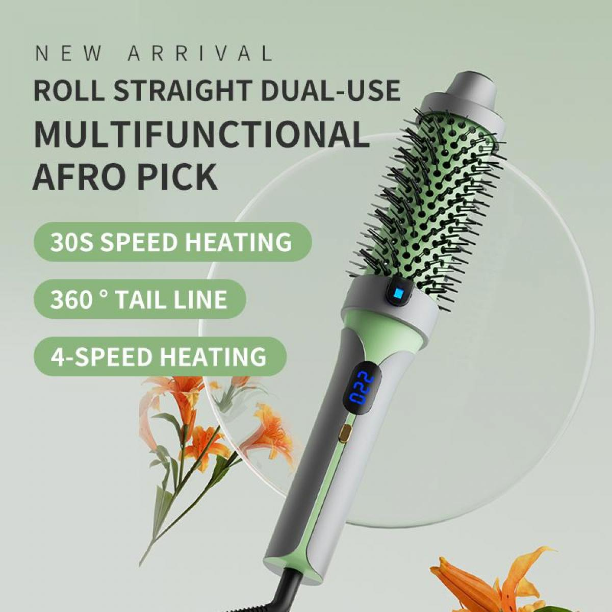 Ein Haarstyling-Tool mit rundem Bürstenkopf. Zu den Merkmalen gehören 30S-Schnellaufheizung und 4-Gang-Heizung. Der Hintergrund hat orangefarbene Blumen.