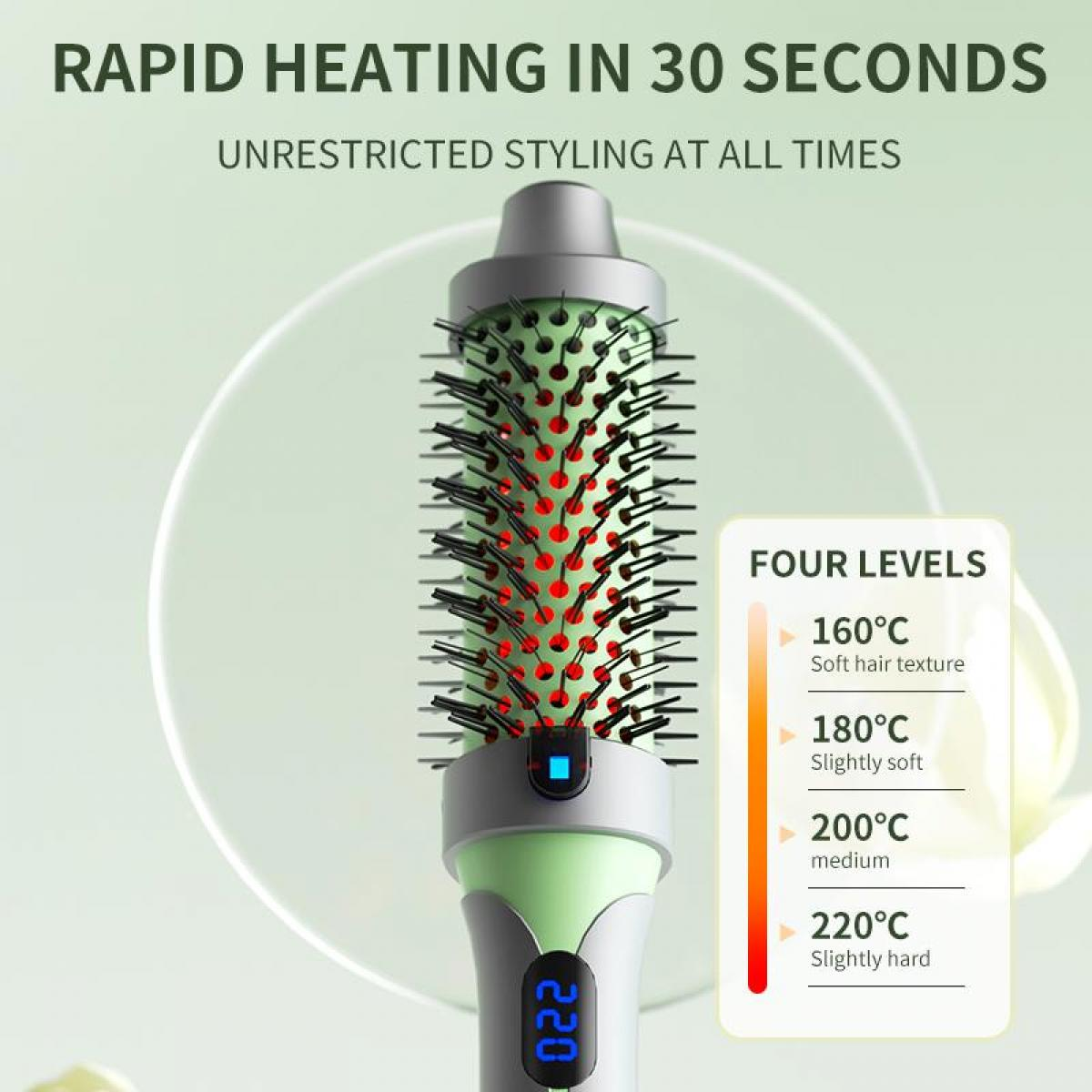 Haarstyling-Werkzeug mit grünem Griff, Digitalanzeige zeigt 220. Bietet vier Heizstufen für die Haarstruktur. Schnelles Aufheizen in 30 Sekunden.