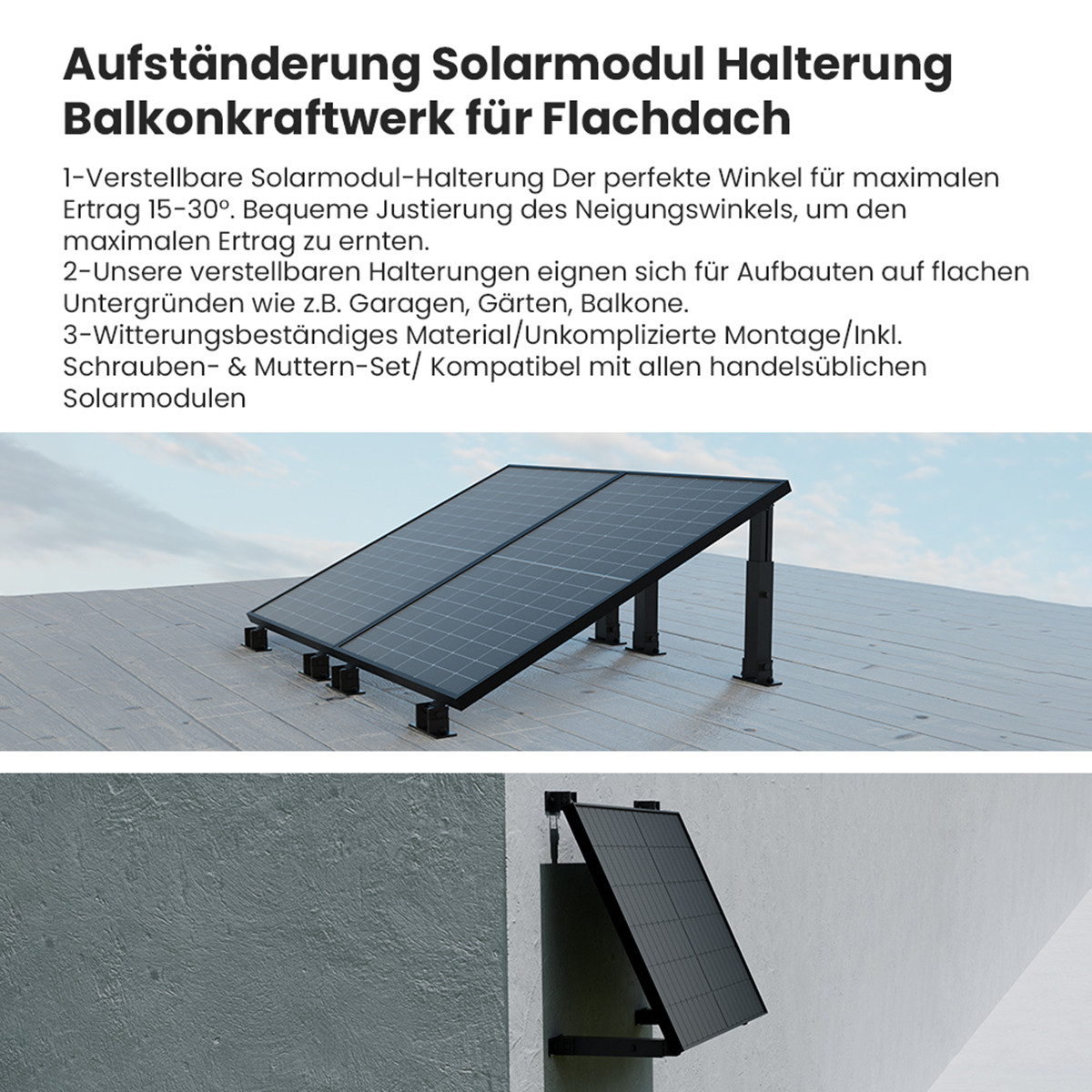 Solarpanel auf einem Dach. Es hat einen schwarzen Rahmen und ist auf einer schwarzen Metallkonstruktion montiert. Der Hintergrund ist ein blauer Himmel.