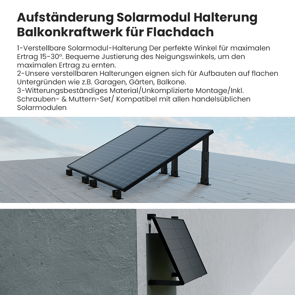 Solarpaneele auf einem Flachdach mit deutschem Text, der verstellbare Halterungen für Balkone bewirbt.