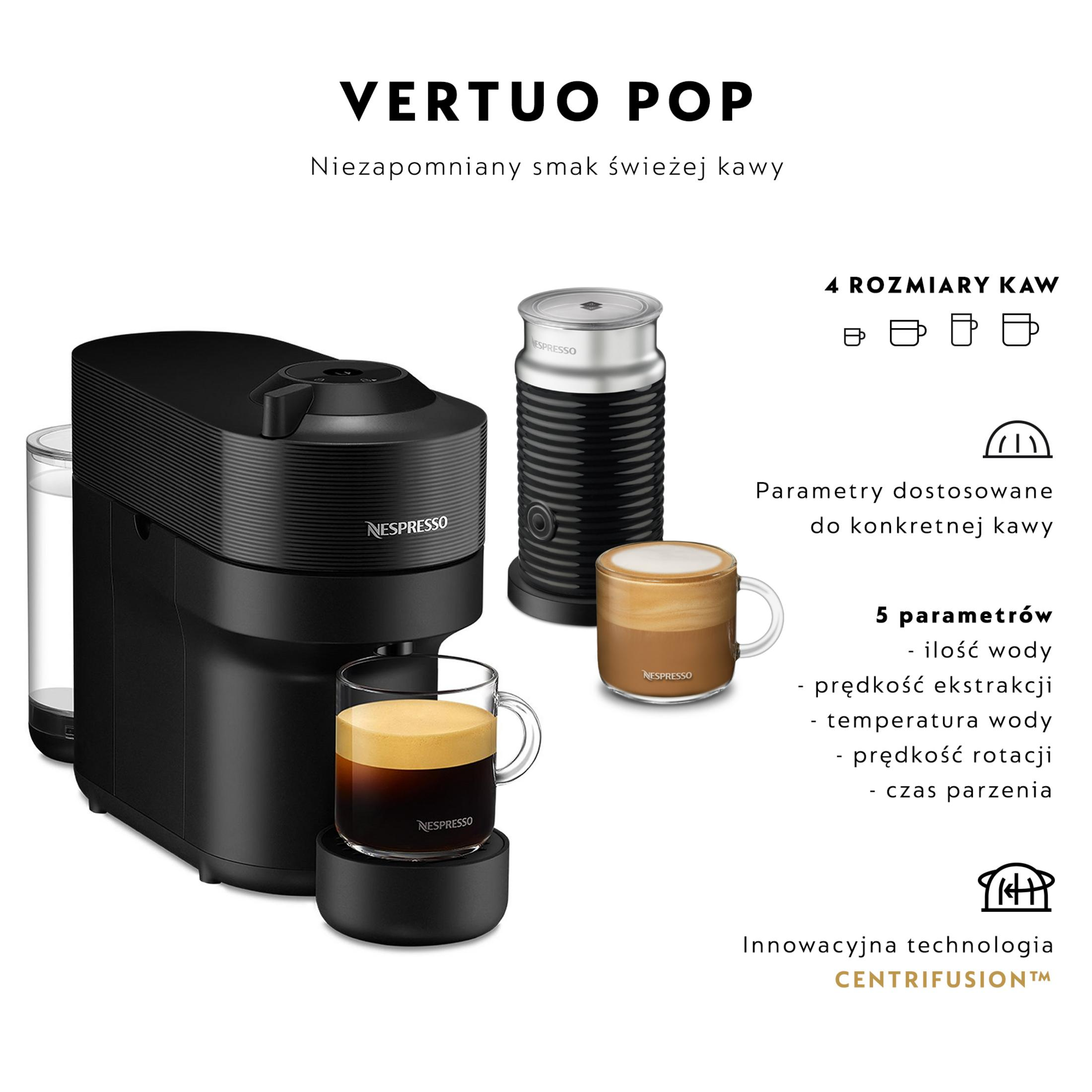 Schwarze Nespresso Vertuo Pop Kaffeemaschine mit Kaffeeglas und Milchaufschäumer.