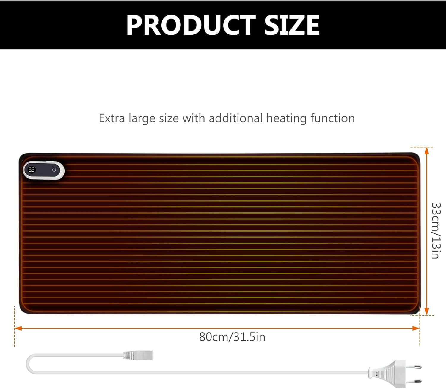 Ein rechteckiges Heizkissen mit Größenangaben. Es hat einen Power-Button und ein Netzkabel. Text zeigt 'Produktgröße' und Abmessungen.