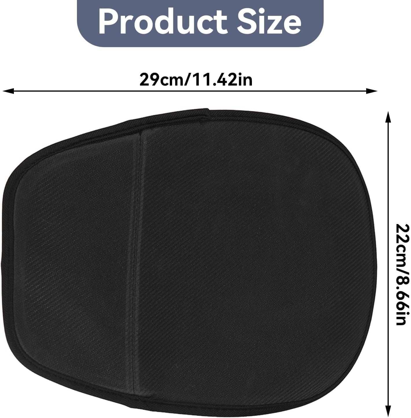 Schwarzes gepolstertes Produkt mit den Maßen: 29cm/11.42in breit, 22cm/8.66in hoch. Text 'Produktgröße' oben.