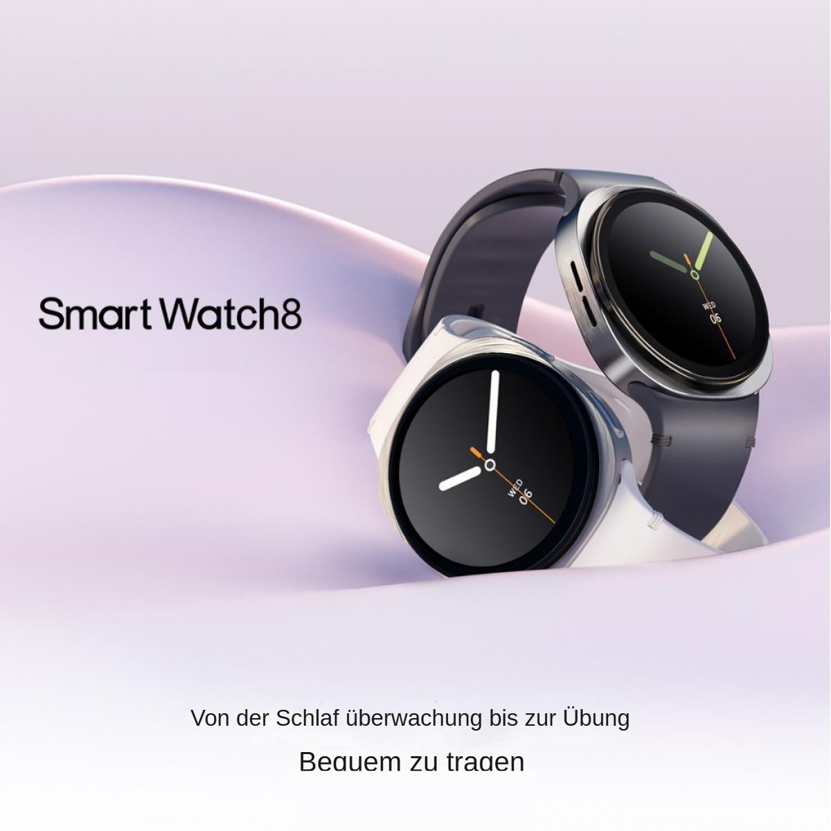 Zwei Smartwatches mit schwarzen Bildschirmen und hellen Zeigern. Der Hintergrund ist ein lila-weißer Farbverlauf.