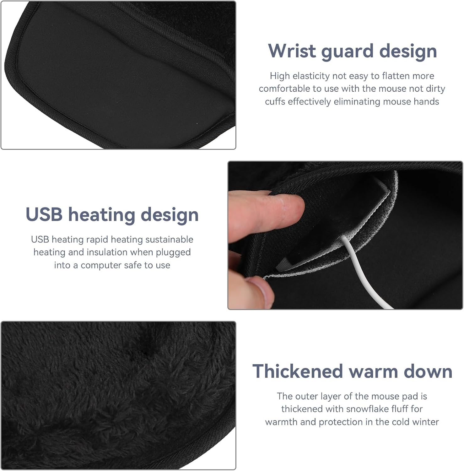 Das Bild zeigt ein schwarzes Mauspad mit Heiz- und Handgelenkschutz. Es hat ein USB-Kabel und eine flauschige Textur.