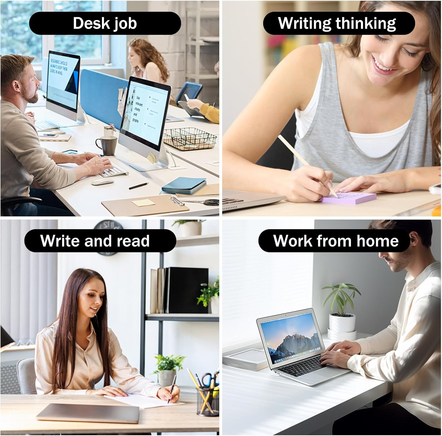 Vier Bilder, die Arbeitsszenarien zeigen: Schreibtischjob mit Computern, Schreiben auf Papier, Lesen und Arbeiten von zu Hause aus.