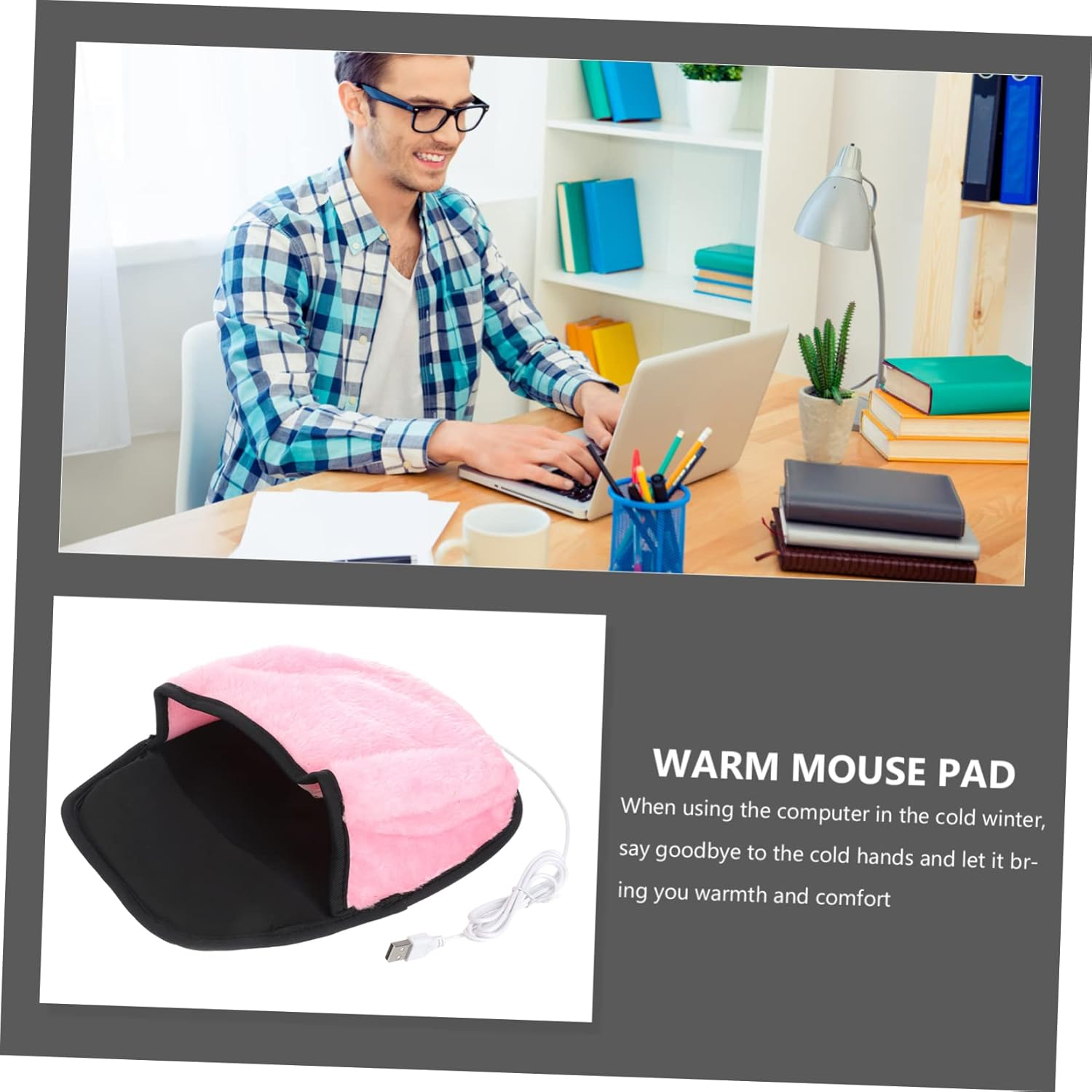 Mann mit Brille arbeitet an einem Laptop. Rosa warme Mauspads mit USB-Kabel. Text: WARME MAUSPAD.