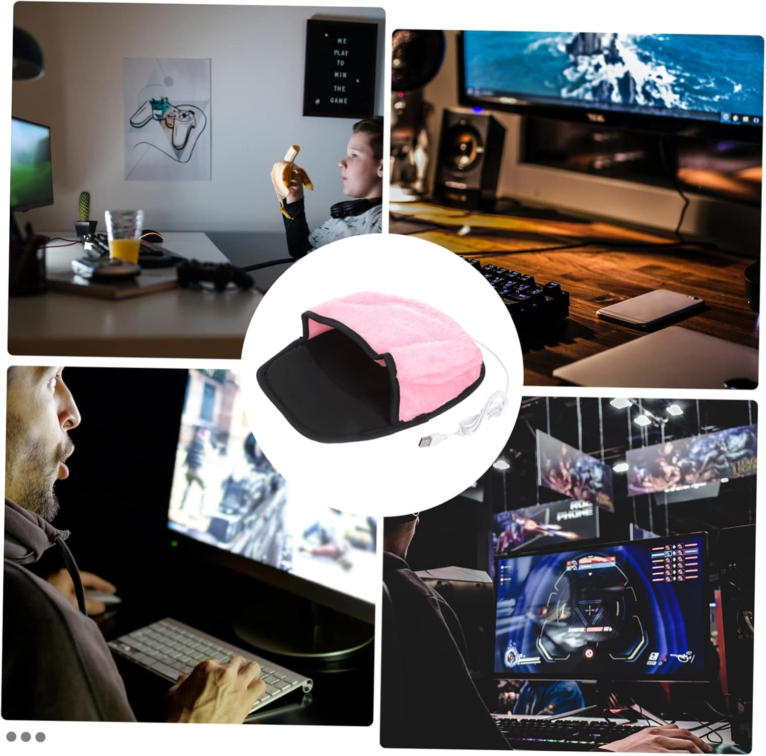 Eine Collage, die verschiedene Szenen von Menschen zeigt, die Computer benutzen. Eine Person isst eine Banane. Eine andere spielt ein Spiel. Ein pinkfarbenes Mauspad wird gezeigt.