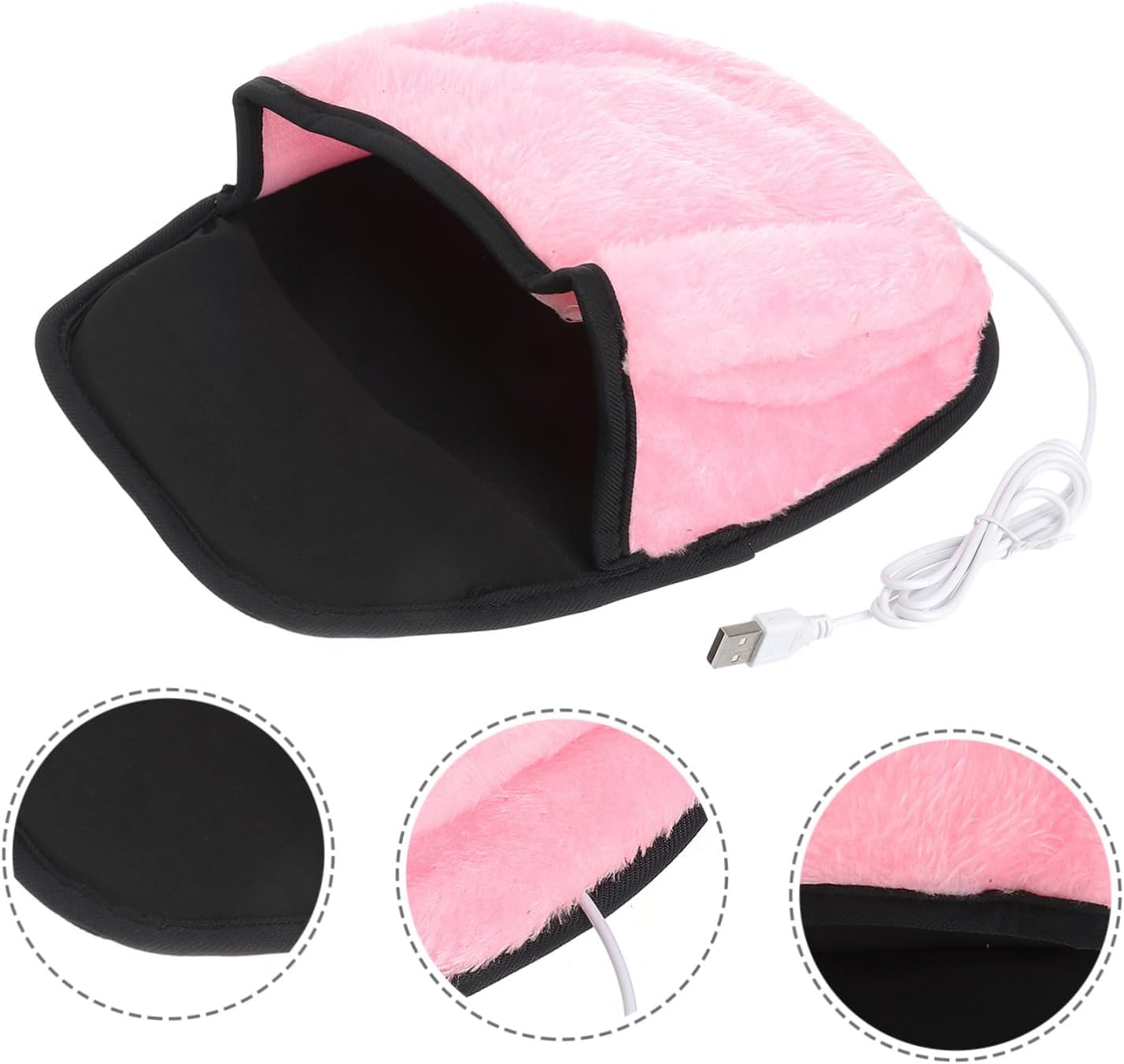 Rosafarbener, flauschiger Handwärmer mit schwarzem Innenraum und Zierleiste. Mit USB-Kabel.