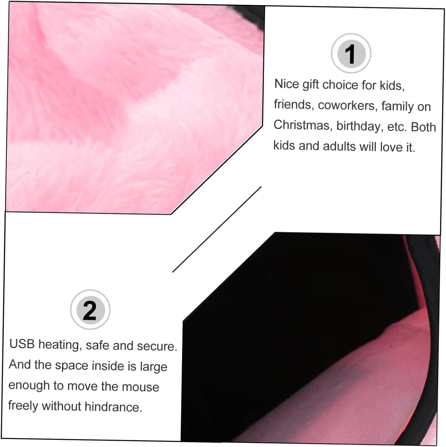 Das Bild zeigt eine rosa, flauschige Oberfläche, Text und einen Teil eines schwarzen Artikels. Text erwähnt Geschenkauswahl, Heizung und Mausraum.