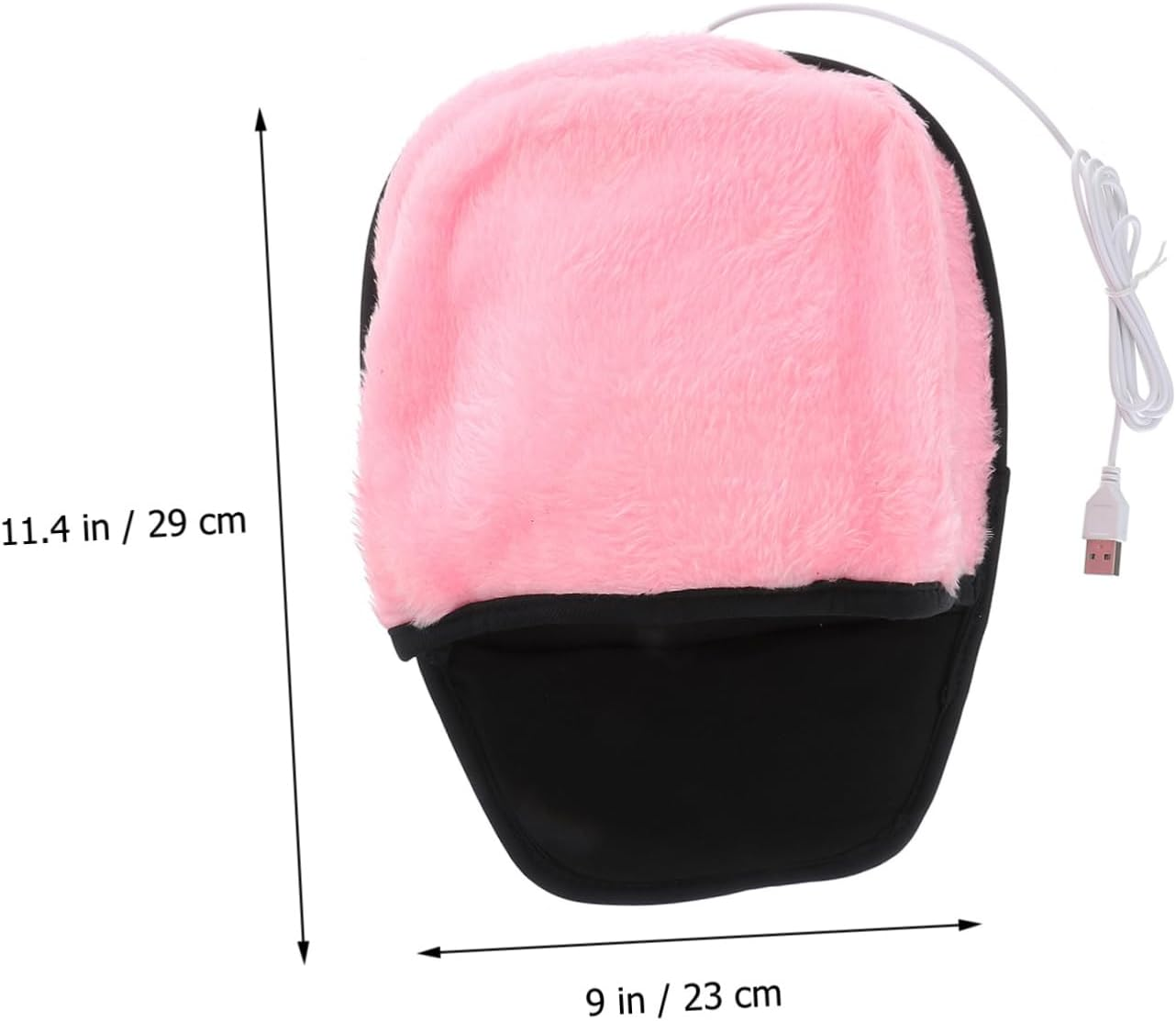 Rosa, flauschiger Handwärmer mit schwarzem Rand. Weißes USB-Kabel. Abmessungen: 11,4 Zoll/29 cm (Höhe) und 9 Zoll/23 cm (Breite).