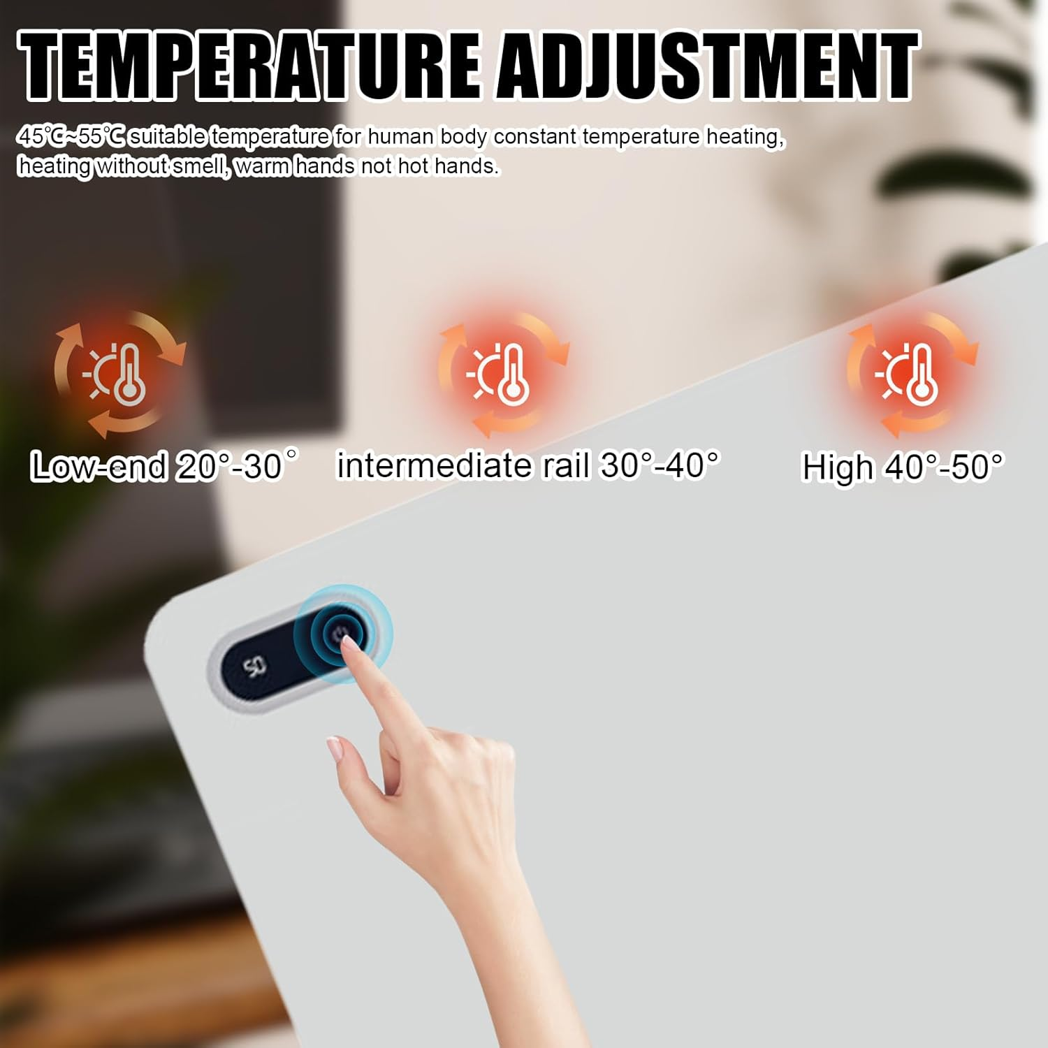 Eine Hand berührt die Temperaturregelung eines Geräts. Der Bildschirm zeigt niedrige, mittlere und hohe Temperatureinstellungen an.