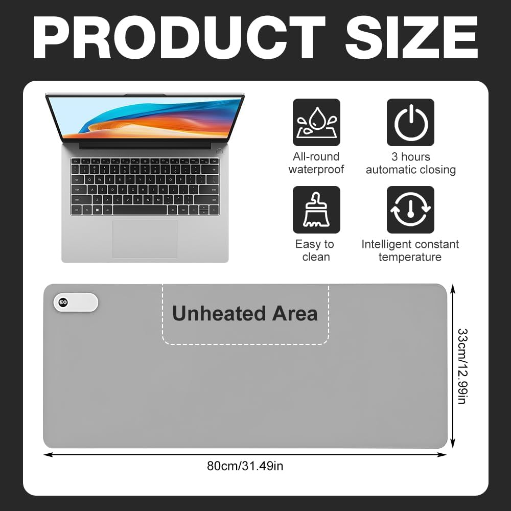 Produktgrößengrafik mit Laptop, Symbolen und grauem Pad mit Abmessungen. Enthält Funktionen wie wasserdicht und automatische Abschaltung.