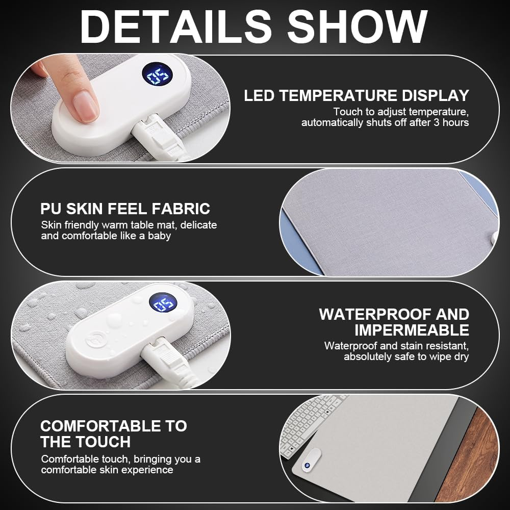 Details zeigen eine Heizmatte. Zu den Merkmalen gehören Temperaturanzeige, weicher Stoff, wasserdichtes Design und angenehme Haptik.