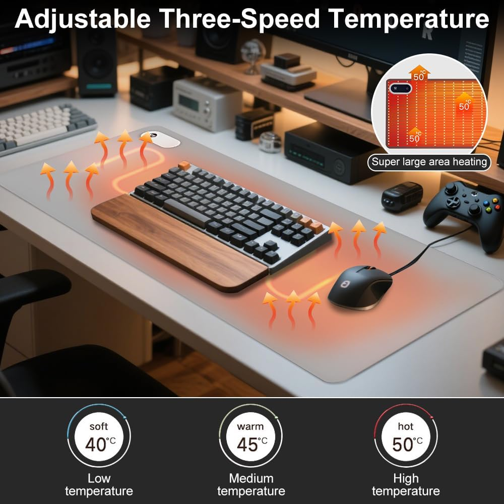 Ein Schreibtisch-Setup mit beheiztem Mauspads, Tastatur und Maus. Es hat drei Temperatureinstellungen: weich (40°C), warm (45°C) und heiß (50°C).