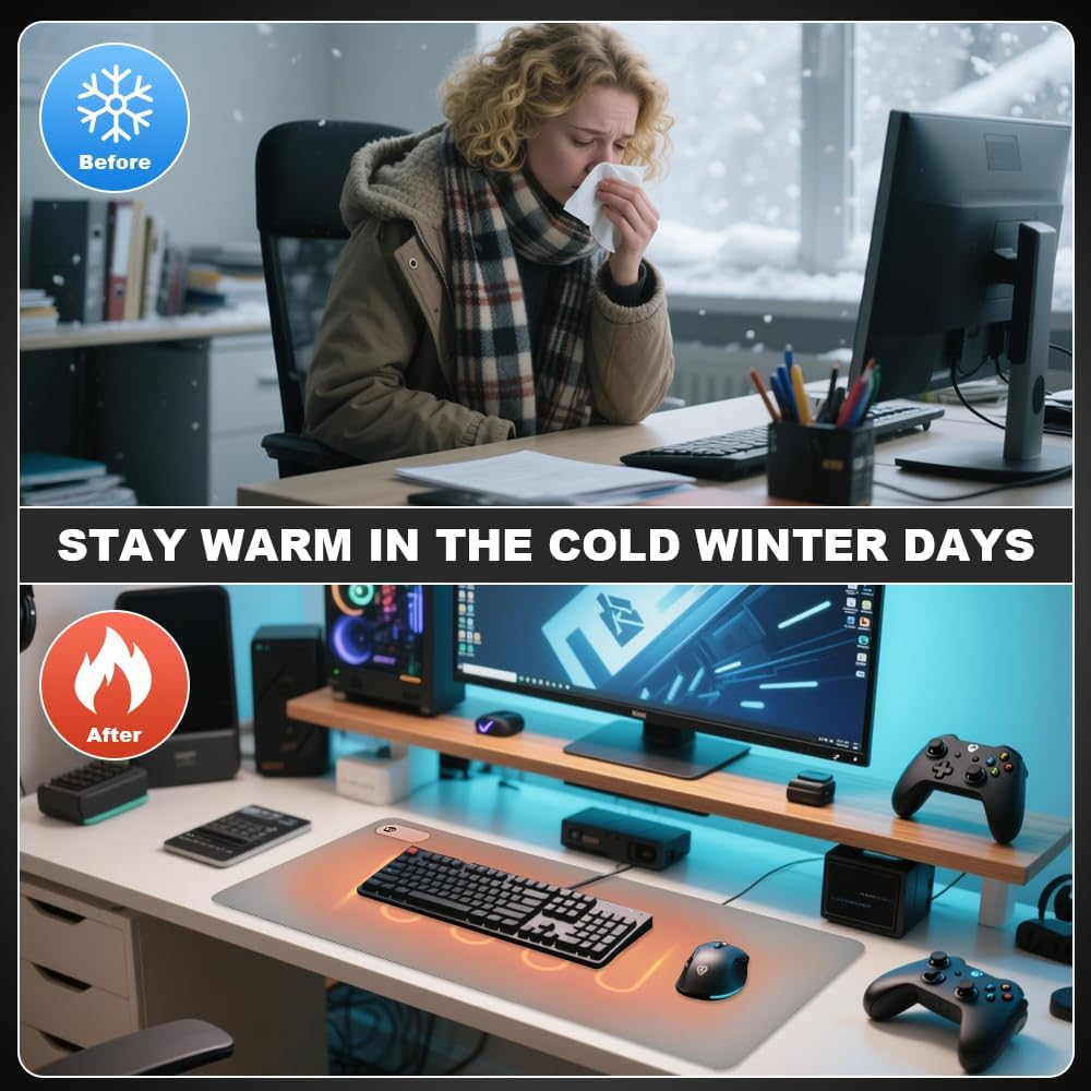 Oben: Frau niest, verschneites Büro. Unten: Gaming-Setup mit beheiztem Mauspad, Controllern und Monitor.