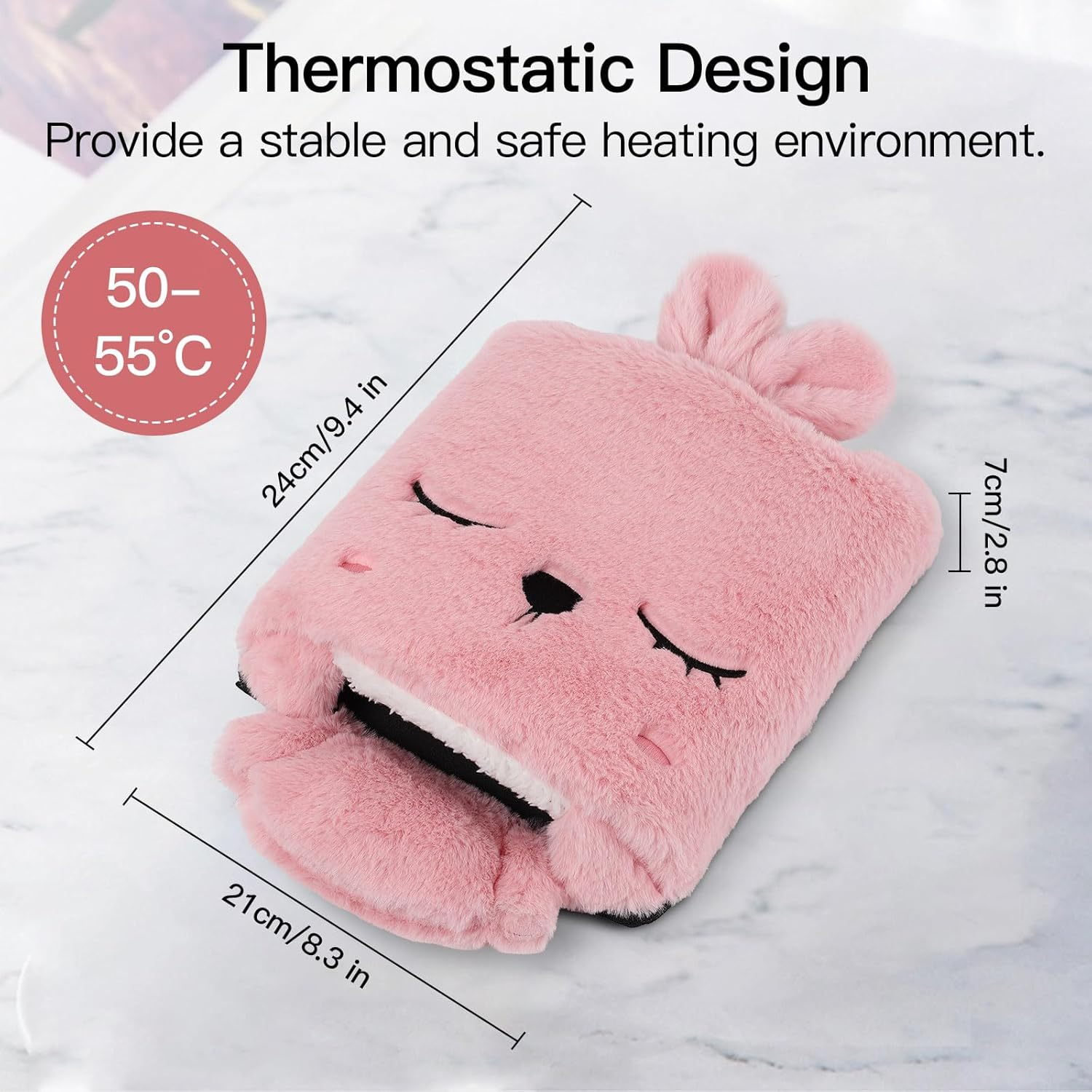 Rosa Handwärmer in Hasenform. Text: Thermostat-Design, 50-55°C. Abmessungen sind neben dem Wärmer angezeigt.