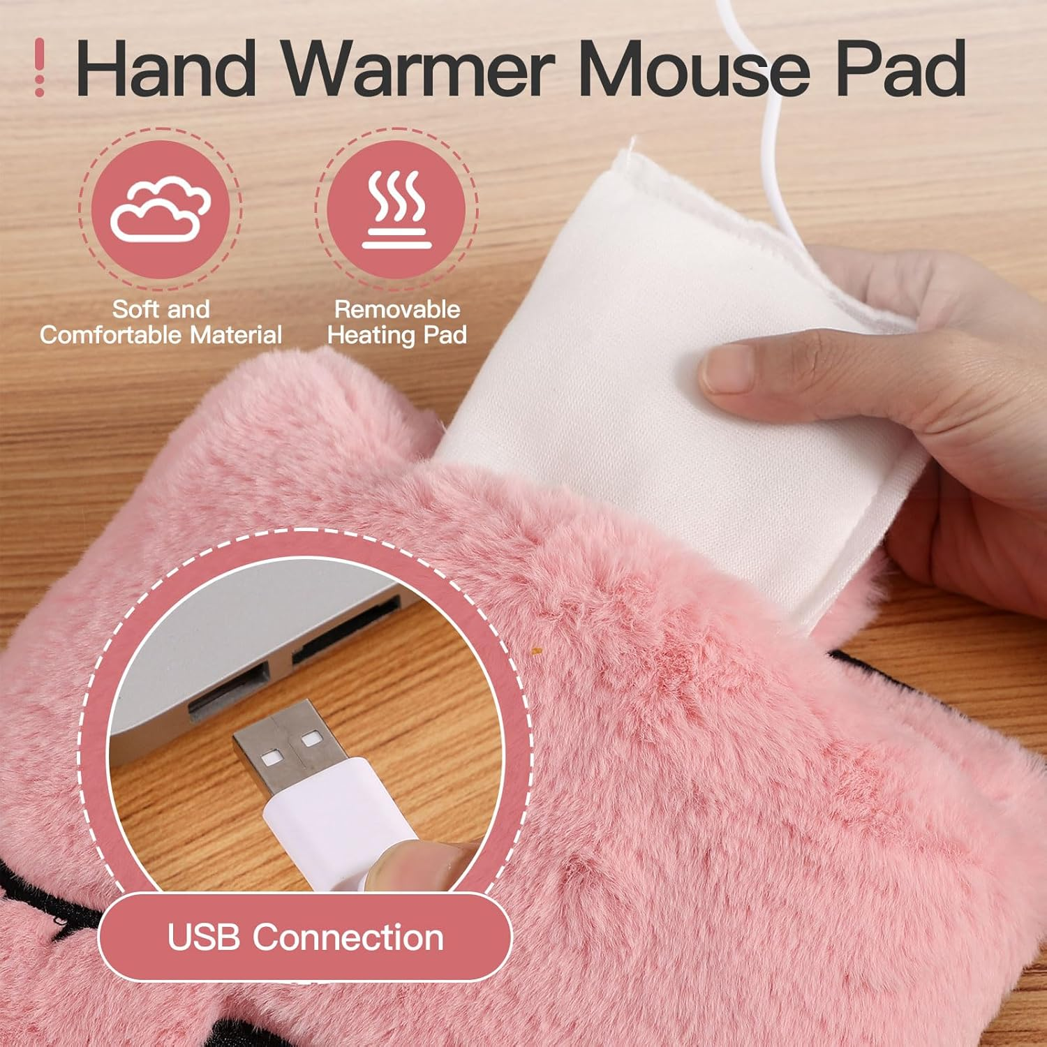 Eine rosa Handwärmer-Mauspad mit USB-Anschluss. Eine Hand hält ein weißes Heizkissen. Text zeigt weiches Material und herausnehmbare Heizung.
