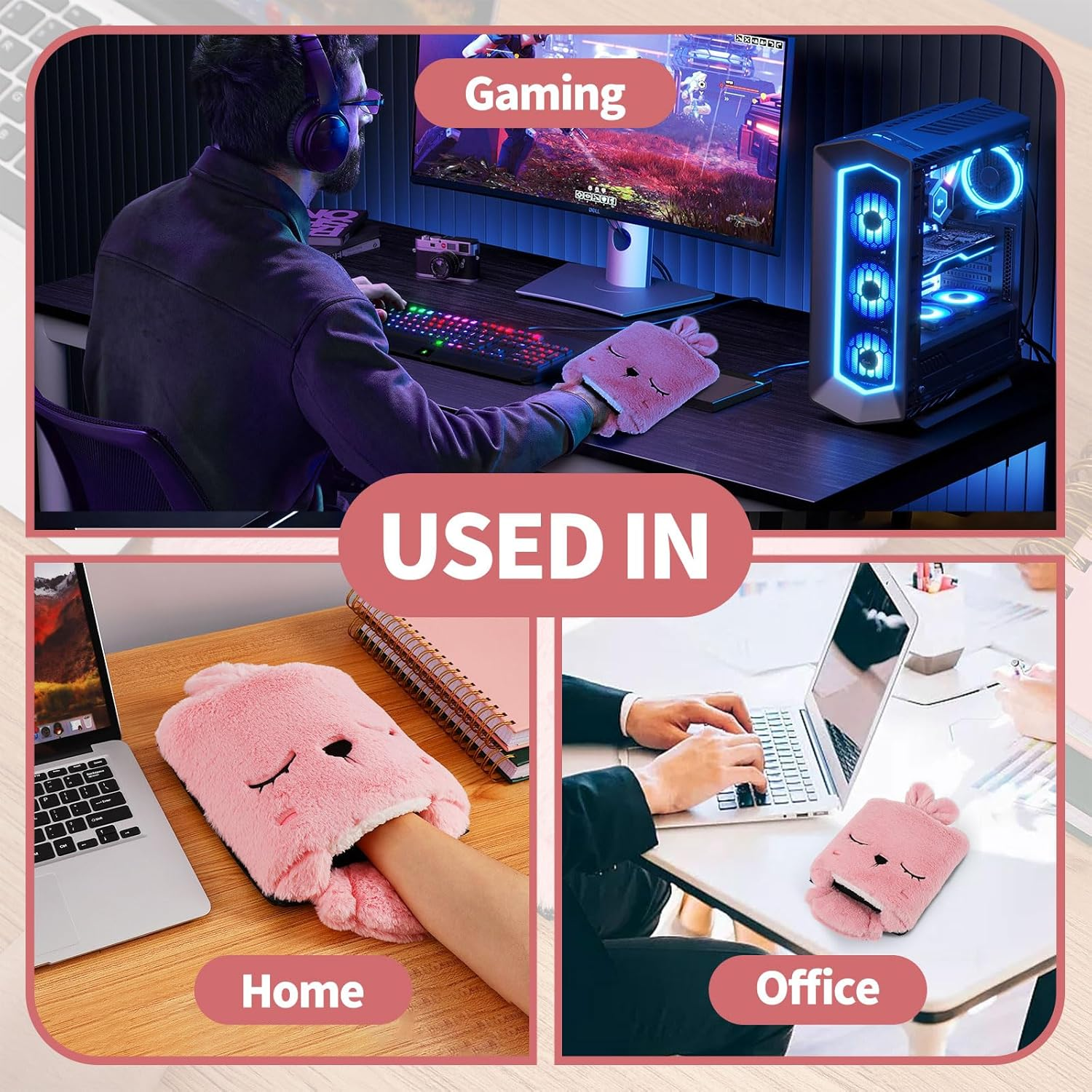 Das Bild zeigt einen beheizten Handwärmer, der in verschiedenen Umgebungen verwendet wird: Gaming, Zuhause und Büro. Er ist rosa und hat die Form eines Hasen.