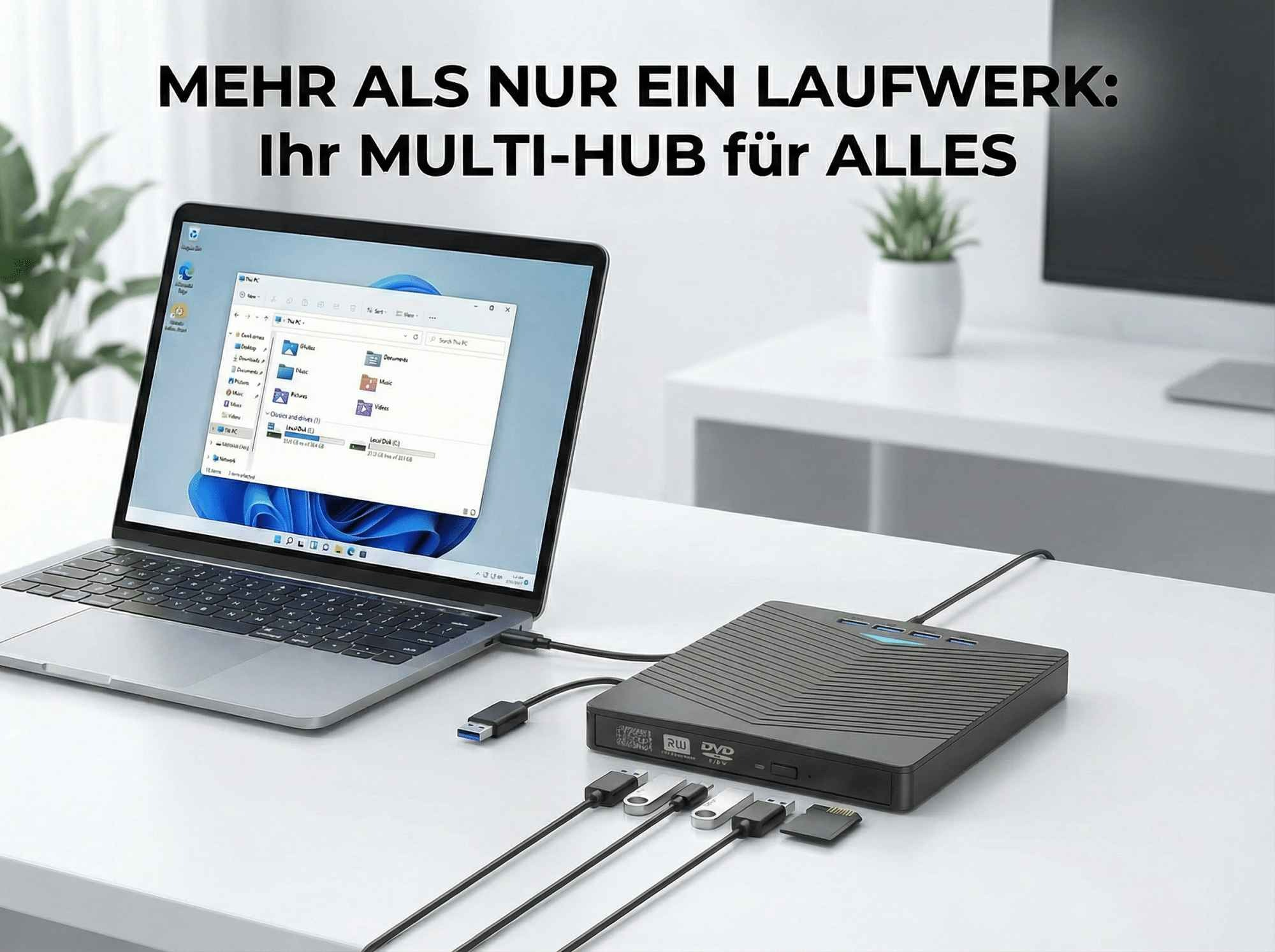 Laptop, verbunden mit einem Multi-Hub-Gerät. Das Setup umfasst USB-Laufwerke und ein DVD-Laufwerk.