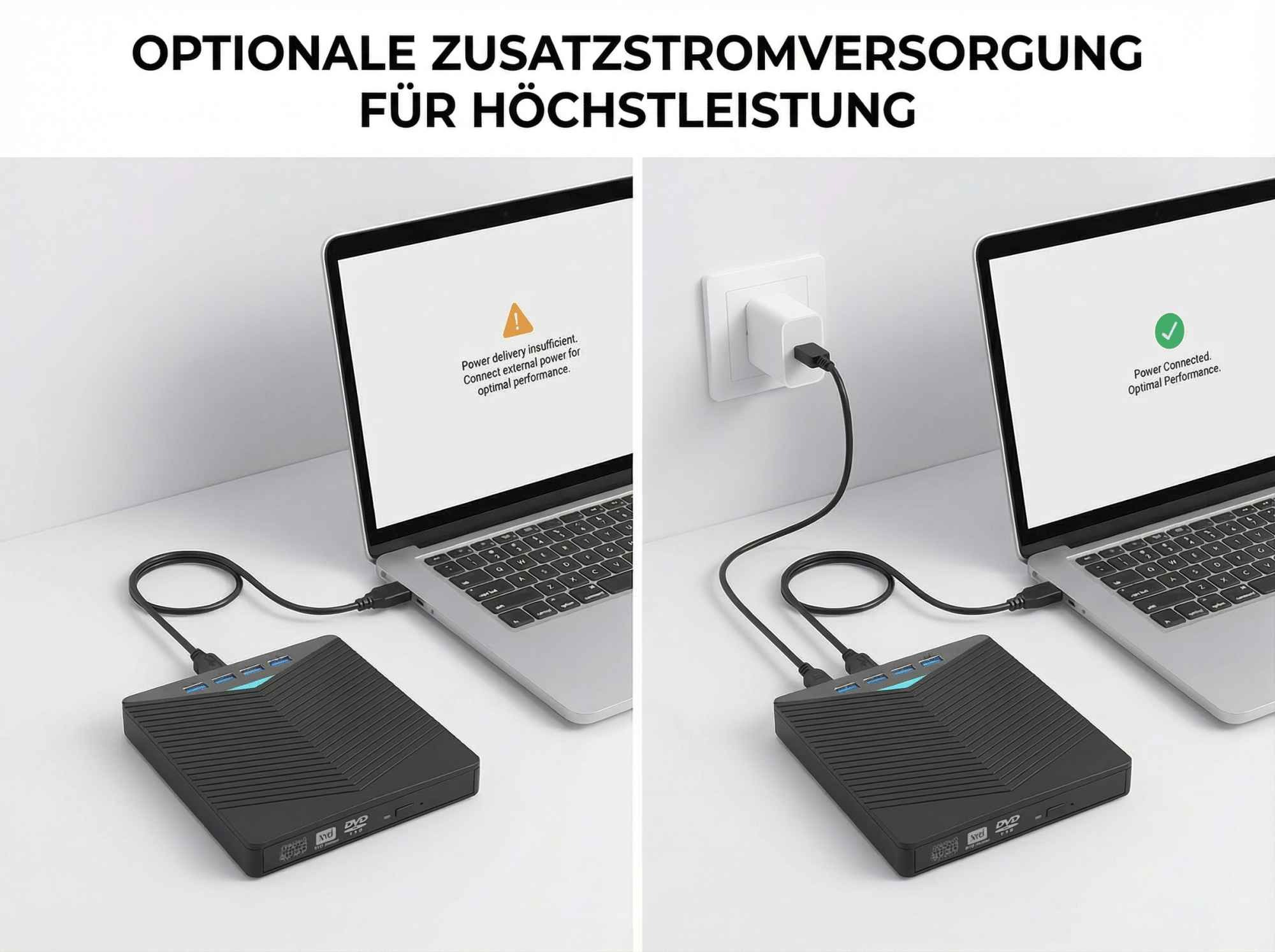 Zwei Laptops sind mit einem schwarzen Gerät verbunden. Einer zeigt unzureichende Leistung, der andere zeigt Stromanschluss.