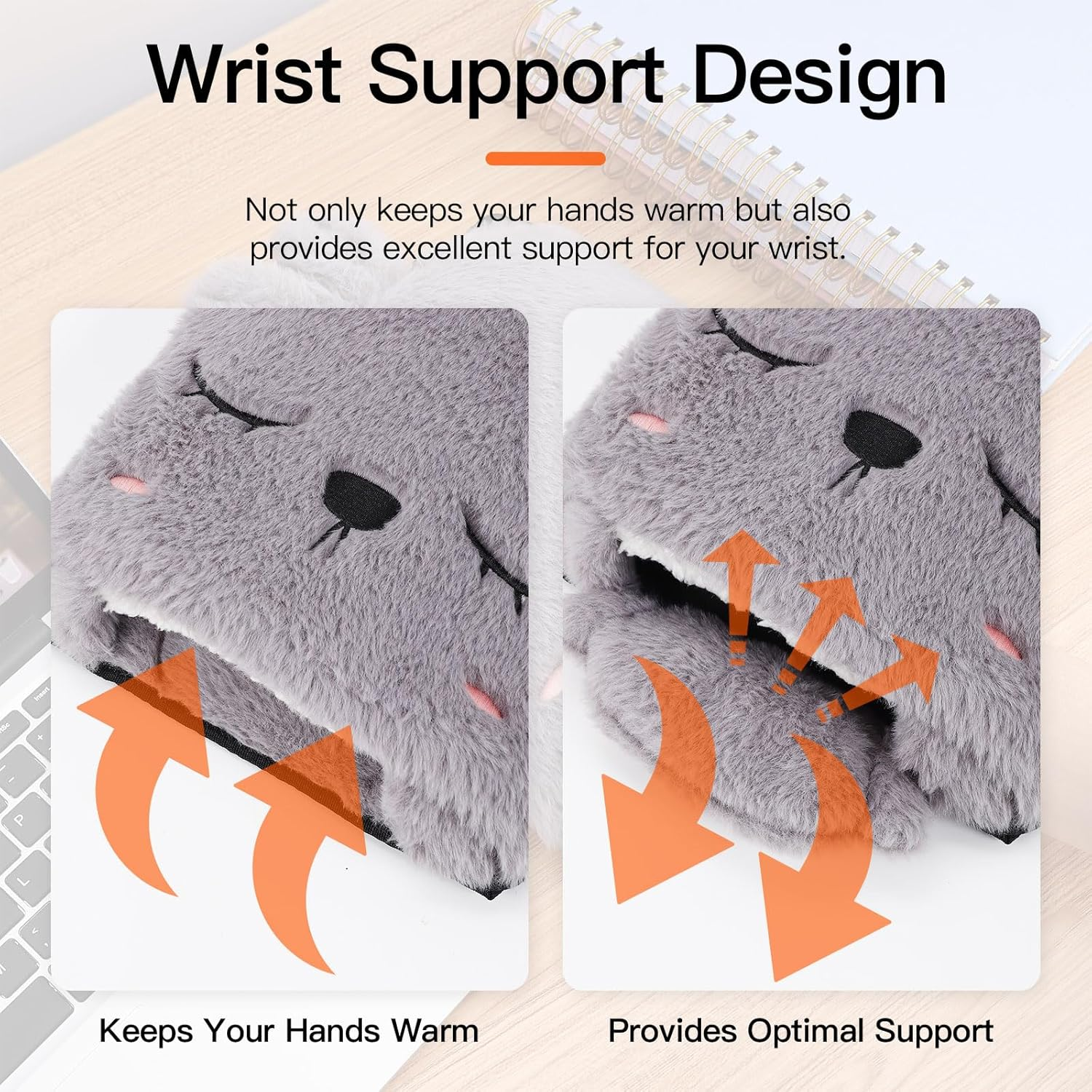 Das Bild zeigt Handgelenkstützhandschuhe, grau mit Tiergesicht-Design. Orange Pfeile weisen auf Wärme und Unterstützung hin. Text: 'Wrist Support Design'.