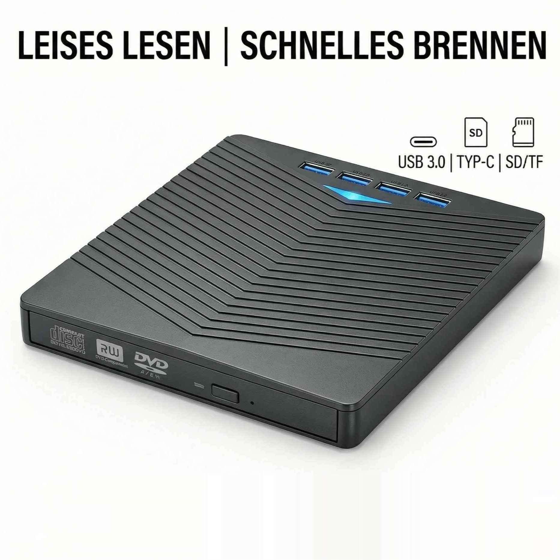 Ein schwarzes externes DVD-Laufwerk mit USB-Anschlüssen und Kartenlesern. Text darüber: 'LEISES LESEN | SCHNELLES BRENNEN'.