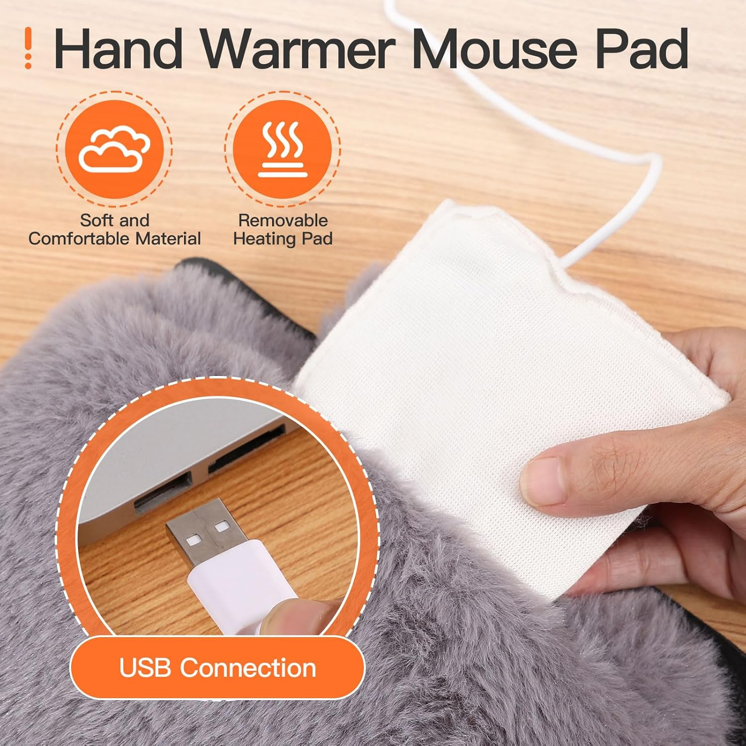 Eine Handwärmer-Mauspad mit USB-Anschluss. Eine Hand hält ein herausnehmbares Heizkissen. Weiches, graues Fell umgibt es.